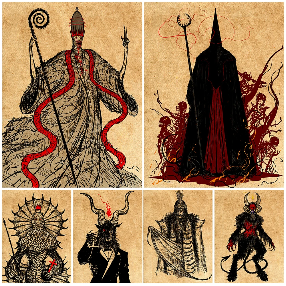 Demons,Religion,Faith Vintage Wall Art Canvas Painting Hell Bishops And Bloodthirsty Believers Retro Poster And Print Home Decor