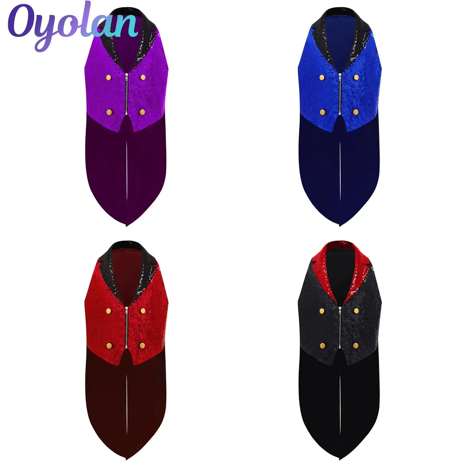 

Girls Boys Sparkly Sequins Victorian Circus Medieval Vest Circus Halloween Cosplay Costume Vintage Waistcoat Front Zip Tailcoat