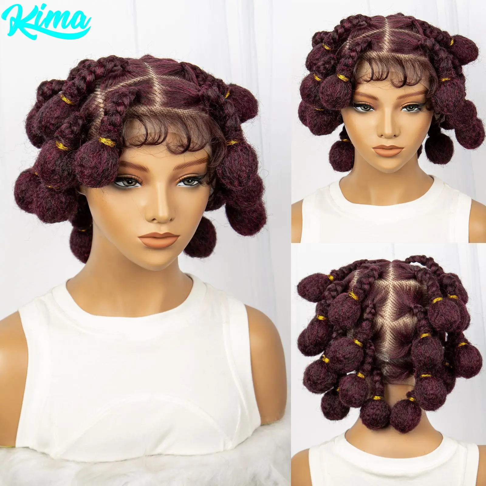 Burgundy 99J# Handmade Bantu Braided Wigs Synthetic Full Lace Braided Lace Wigs for Women Lace Front Braids Wigs with Baby Hair