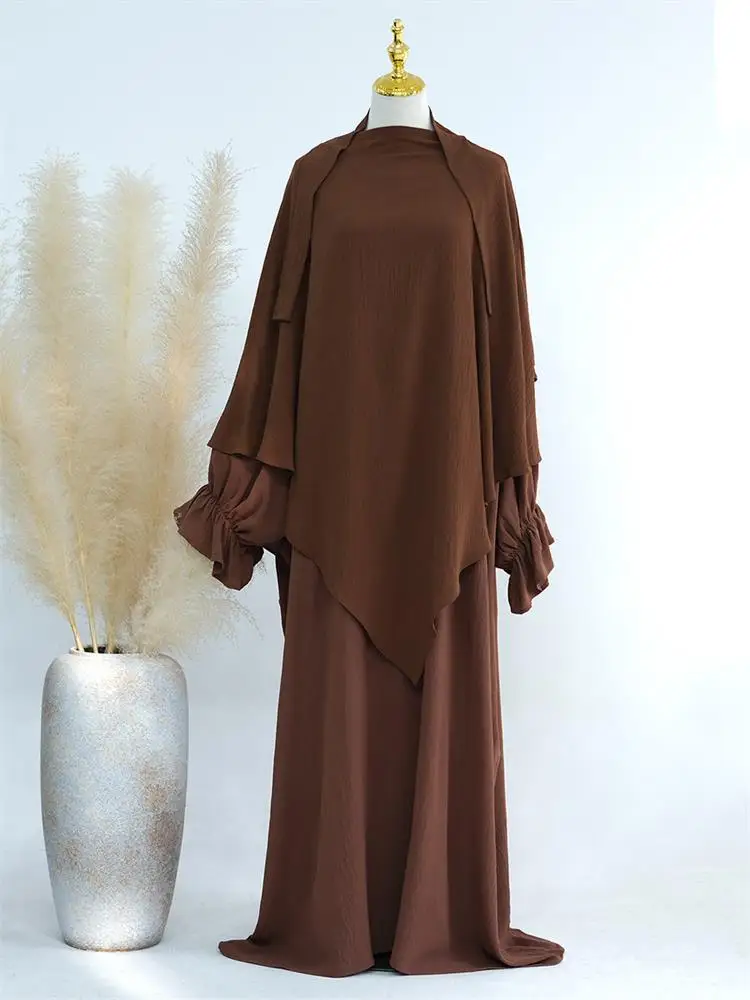 

Muslim Two-Piece Set for Women Abaya, Batwing Sleeve Dress with Triangle Headscarf, Saudi Islamic Women Prayer Robe Clothing