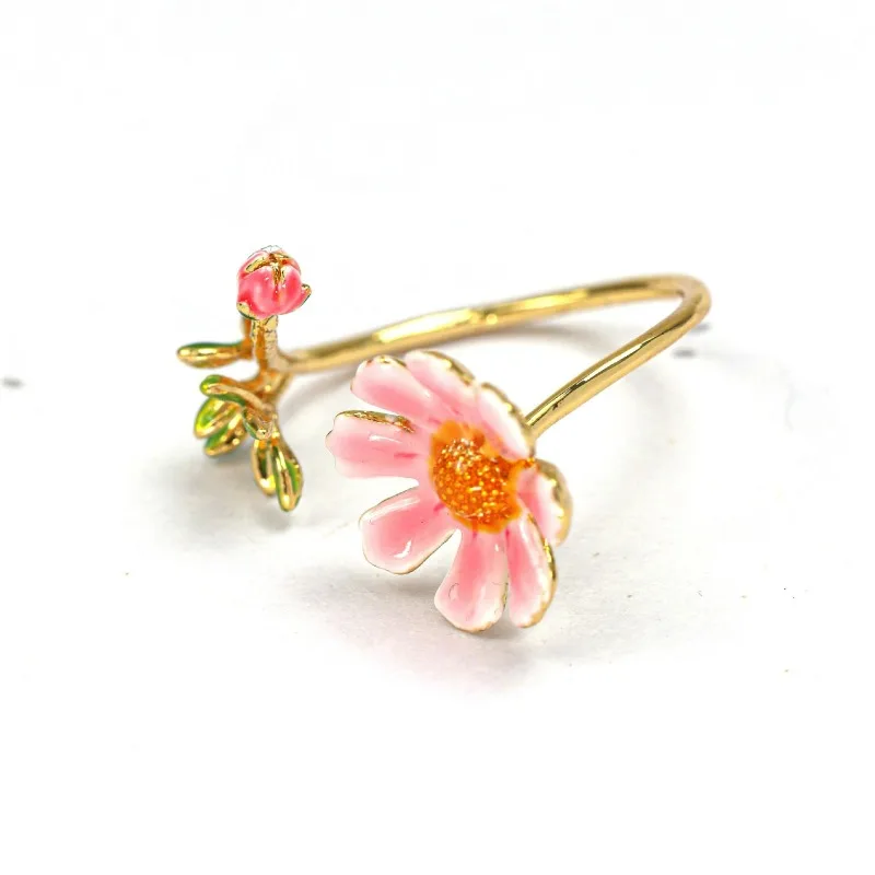 

Fashion Hand-painted Enamel Pink Daisy Adjustable Ring Flower Bud Design Fresh Sweet Girl Heart Index Finger Ring Spot Jewelry