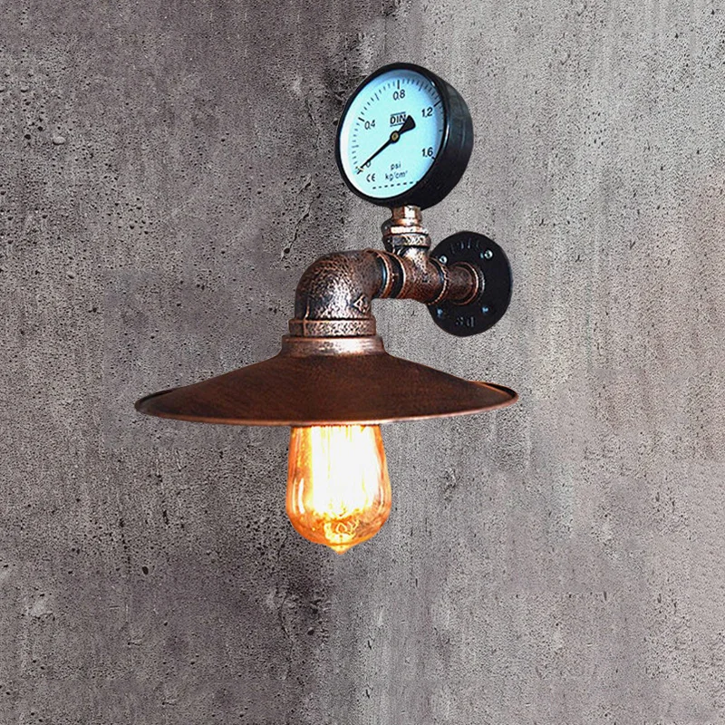 Industrial Steampunk Pipe Wall Sconce with Pressure Gauge Retro Rust Metal Shade Wall Lamp for Bar Cafe Loft Restaurant