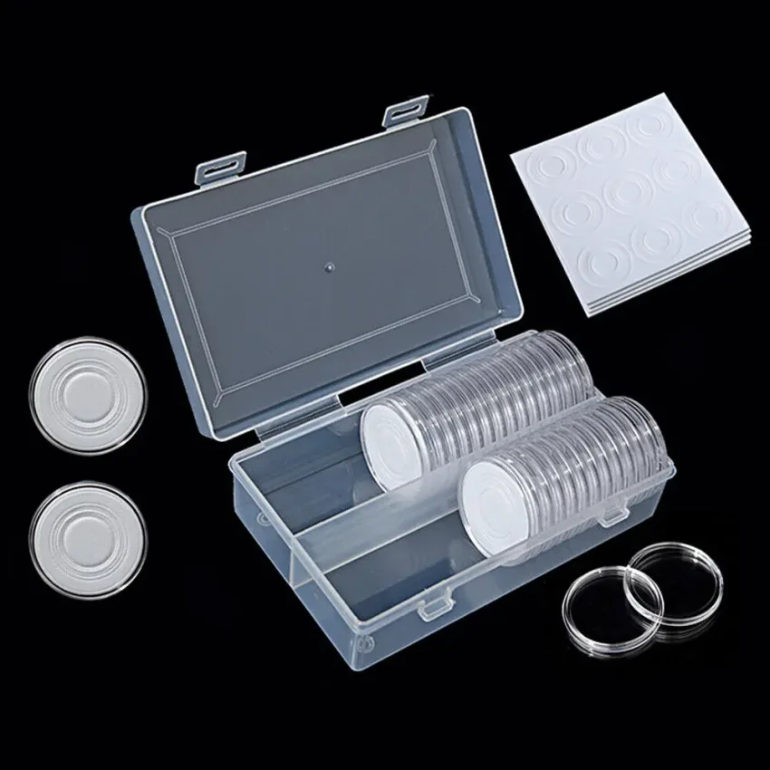 

50Pc 16/20/25/27/30/39/46mm Coin Capsules Box with Inner Cushions Plastic Storage Protection Case