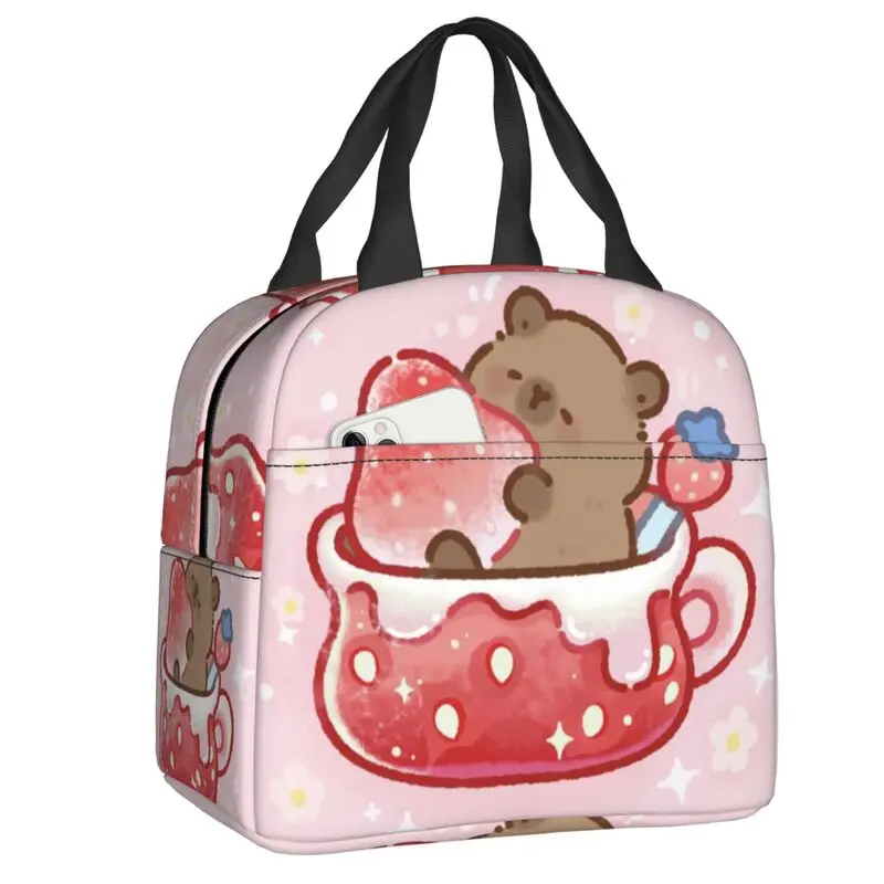 

Изолированные сумки для обеда с клубникой и капибарой на заказ для женщин, многоразовый термохолодильник с героями мультфильмов аниме, коробка для бенто, детская школьная коробка