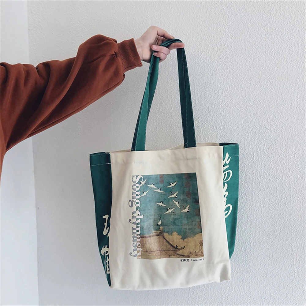 2024 Retro Literary Canvas Bag Women\'s Shoulder Bag Contrast Color Large Capacity Tote Bags Letter Shopping Ladies Hand Bags