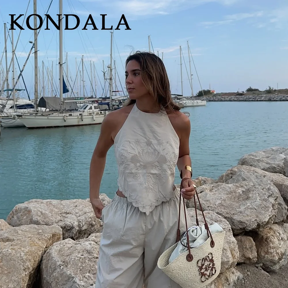 KONDALA 2026 Frühling Sommer Sexy Damen Stickerei-Tops Modische Neckholder Rückenfreie Ärmellose Strand-Style Schicke Mini-Damenoberteile