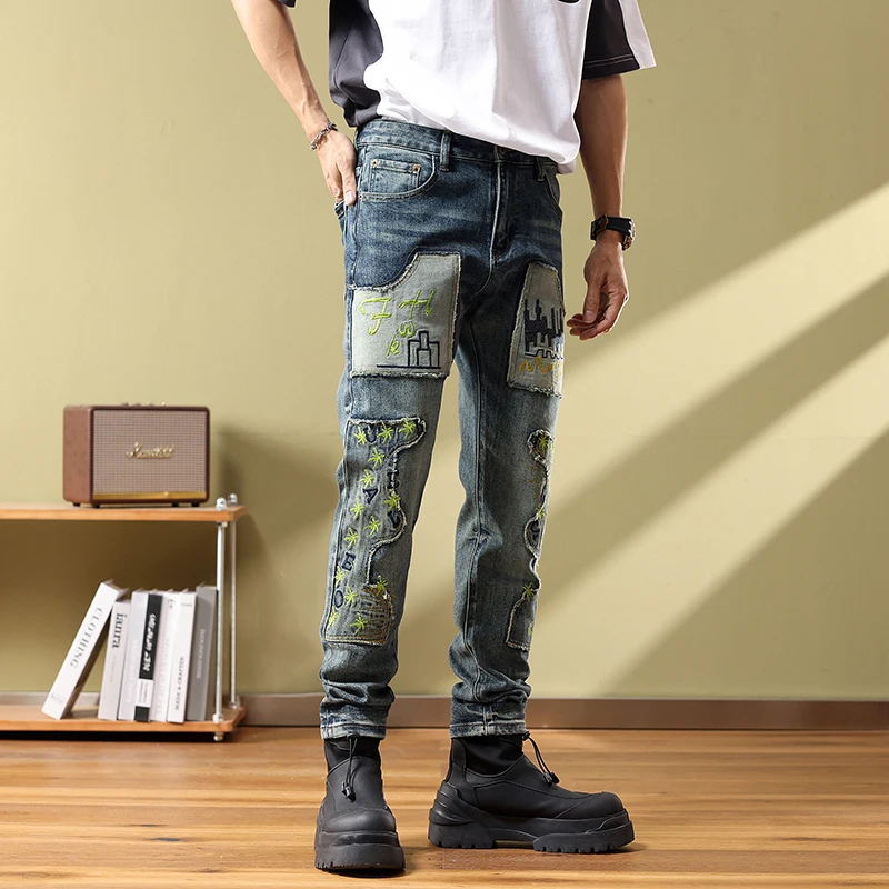 High quality jeans  men's patchwork slim fitting small straight leg pants embroidered pants mens cargo jeans clothing fall guys