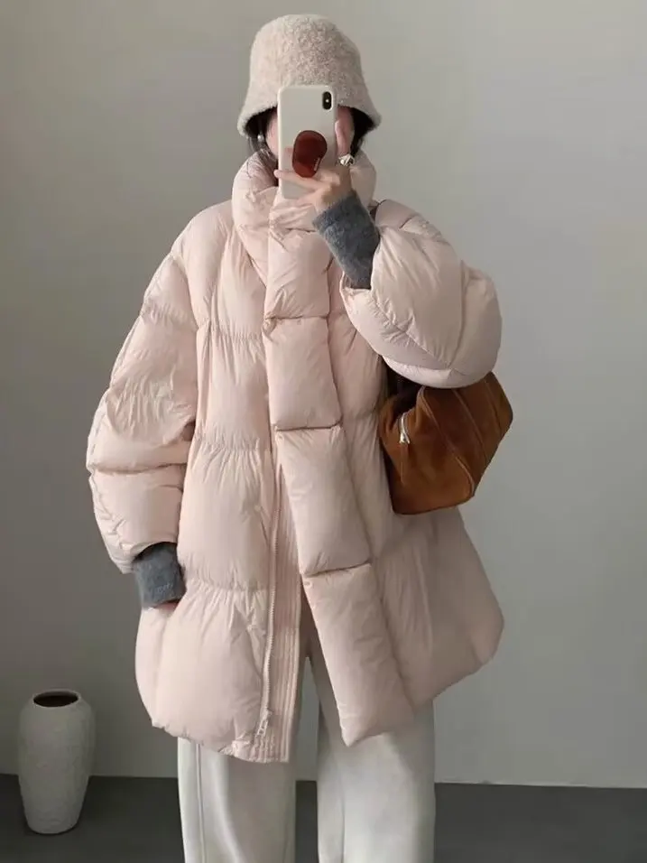 Inverno feminino thiened quente algodão jaet solto casual gola pão casaco coreano sle longo sve zíper cor pura