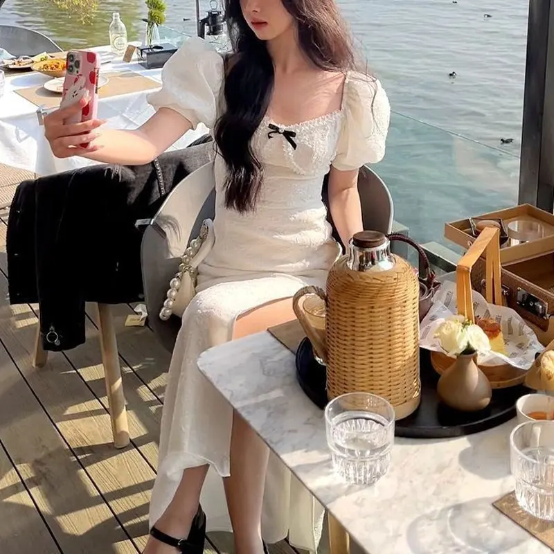 

Aura French Style Square Collar Bow Midi Dress Summer Puff Sleeve Women's Clothing Stylish Jacquard Weave A-Line Lace Dresses