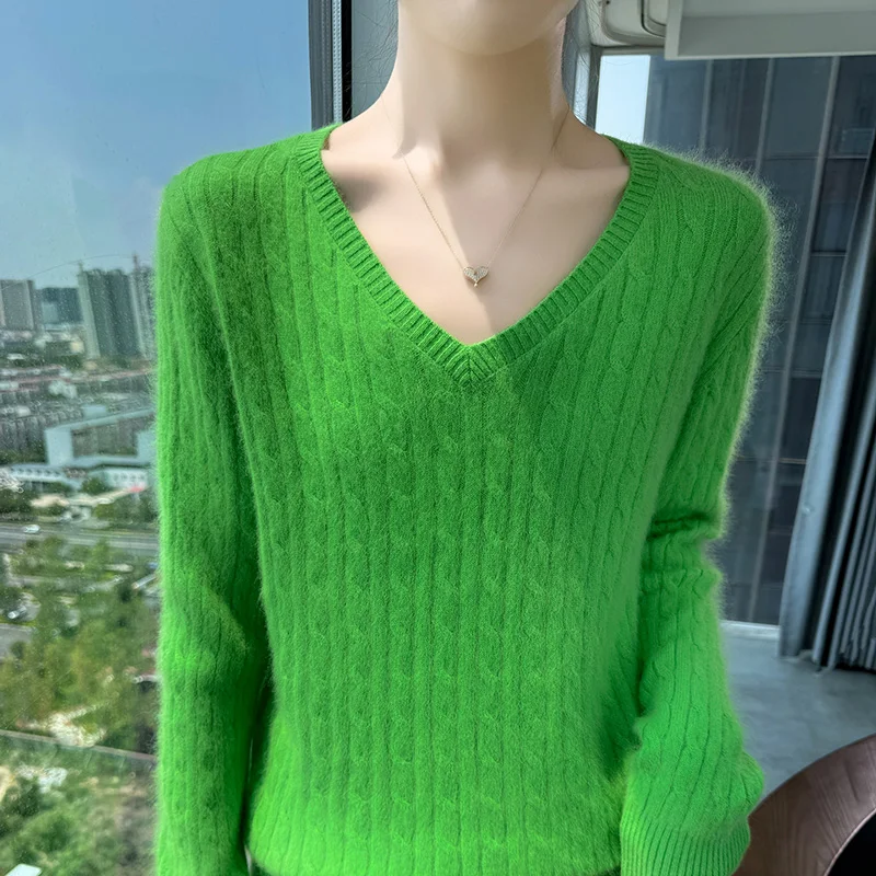 

100% Soft Natural Mink Cashmere Sweater Women Sexy V-Neck Multi Colors Trendy Simple Casual Long Sleeve Loose Knitted Pullover