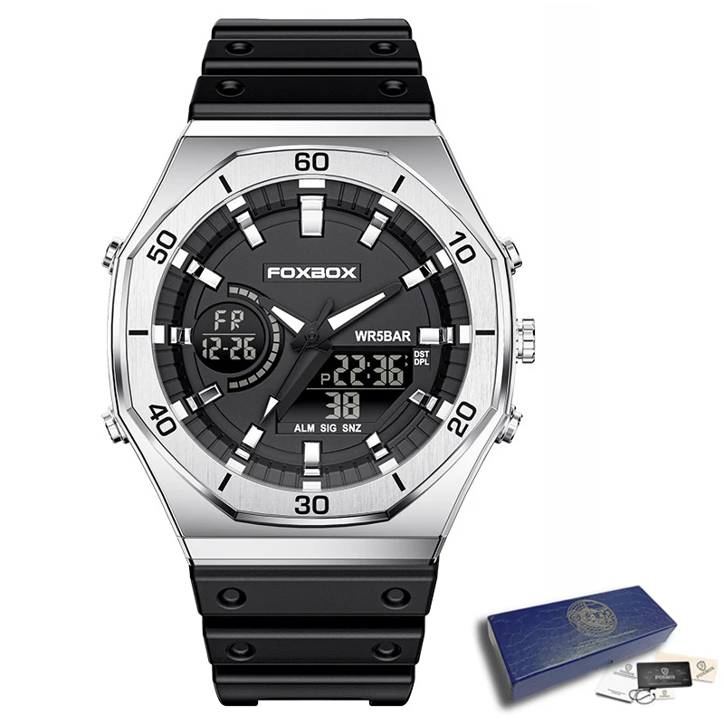 Foxbox neue Dual-Display-Uhren für Männer Casual Sports Chronograph Quarz Big Dial Armbanduhr Silikon wasserdichte Digitaluhr