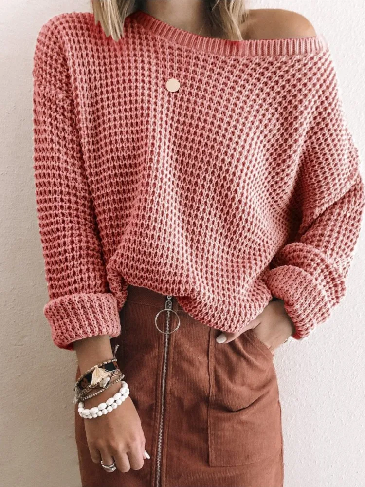 

Women's Solid Color Versatile Pullover Sweater Autumn And Winter Loose Slanted Collar Off-shoulder Long-sleeved Knitted Sweater