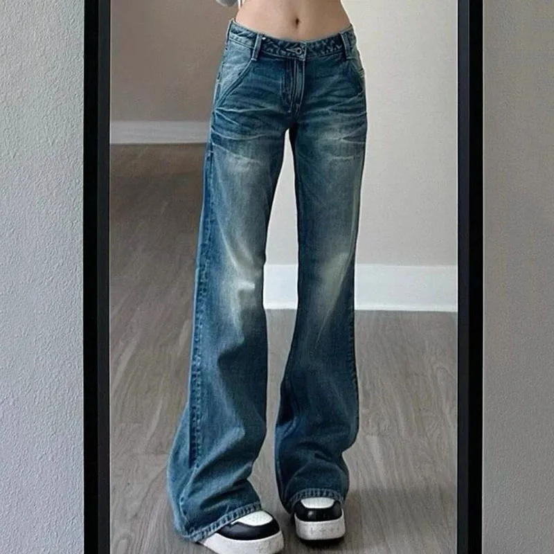 

Винтажные прямые джинсы женские, новинка 2023 года, Y2K, свободные джинсовые брюки с низкой талией и карманами, женские корейские модные утягивающие широкие брюки