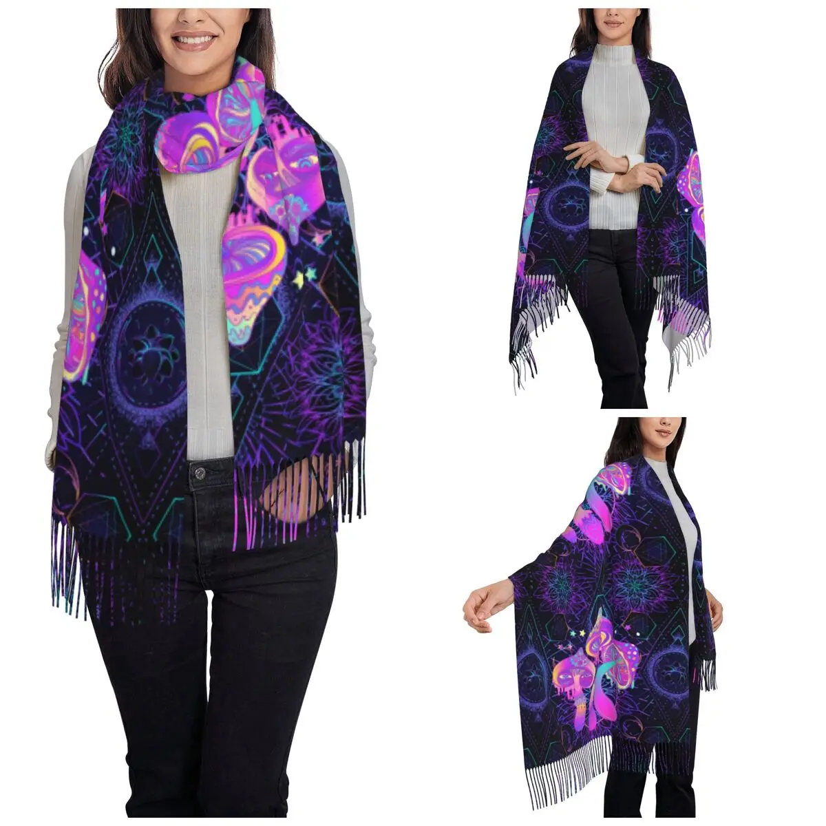 Psychedelic Shrooms Scarf for Womens Winter Warm Pashmina Shawl Wrap Mushroom Abstract Trippy Long Large Shawl Scarf Ladies