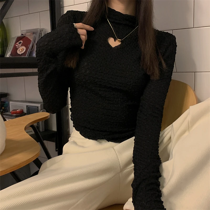 Long Sleeve T-shirts Women Turtleneck Hollow Out Solid All-match Simple Cozy Skinny Sexy Spring Inside Elegant Sweet Female Tops