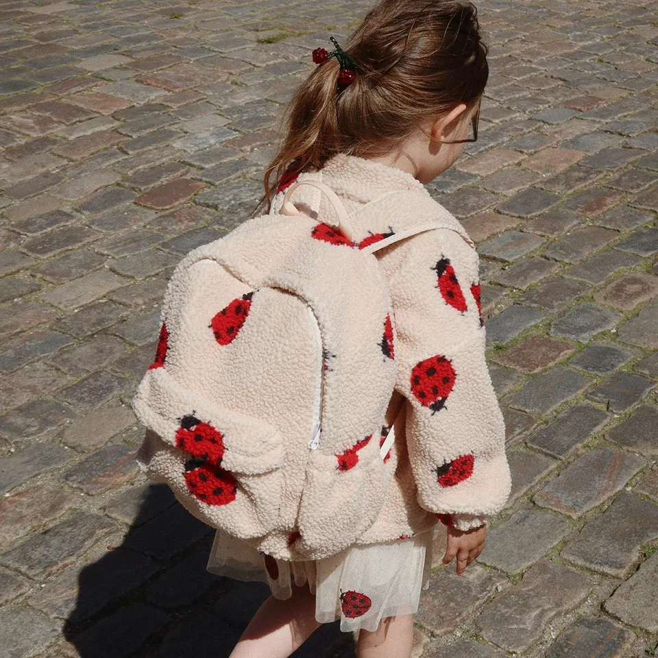2025 Autumn Winter Kids Clothes Girls Lambswool Jackets Cartoon Kitten Swan Beetle Outerwear Boys Striped Coat Thickened Warmth