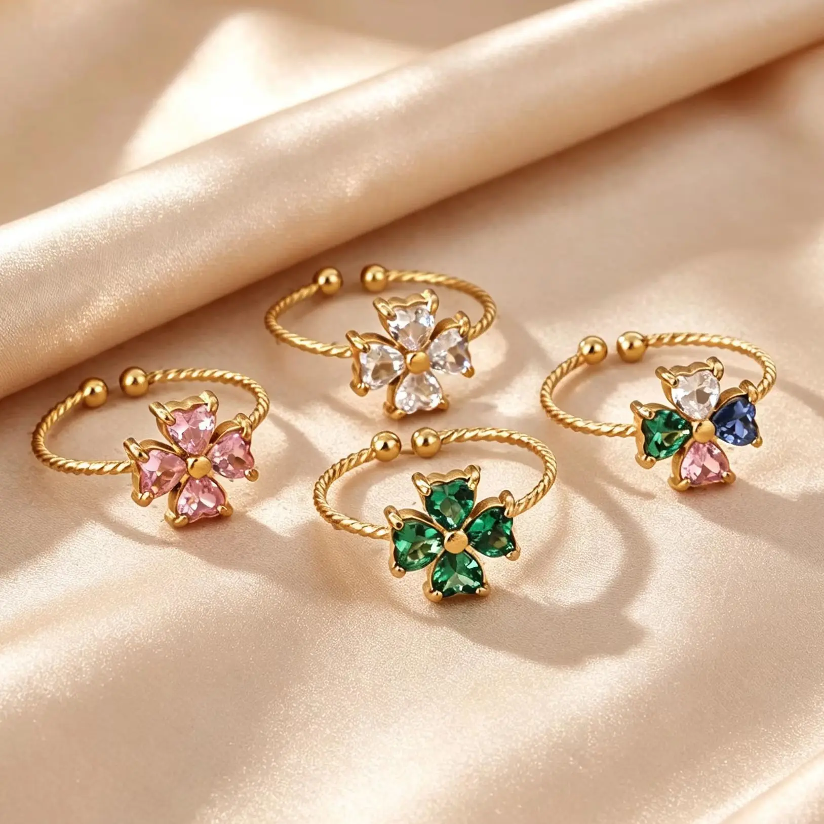 Bunte Zirkon-Vierherzringe für Damen, Edelstahl, vierblättriges Kleeblatt, Herz, offener Ring, Glücksbringer, Hochzeit, trendiger Schmuck, Geschenk