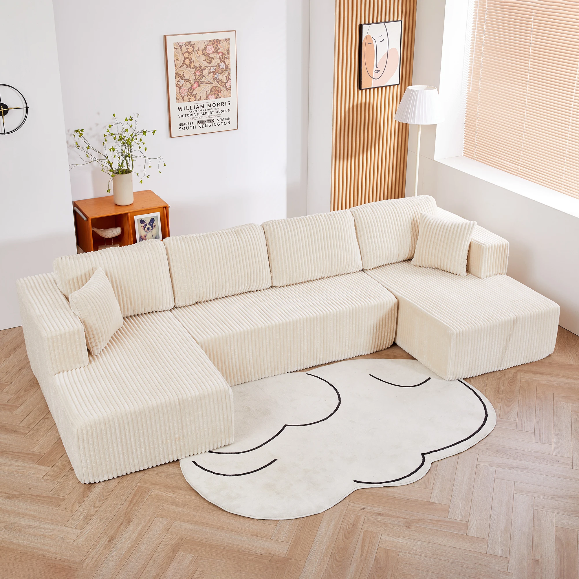 

# Beige Modern Design Convertible Sofa Set For Apartment And Hotel Living Rooms Corduroy Fabric