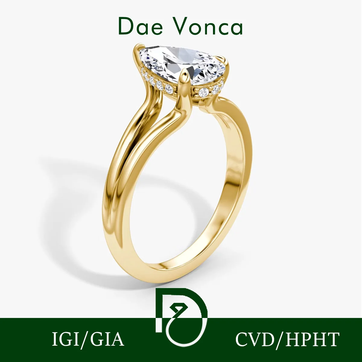 

Pear Cut IGI Certificated Lab Grown With Zero Emissions Diamond Ring 9K/14K/18K Yellow Gold Y-Shank Halo Lab Diamond Ring