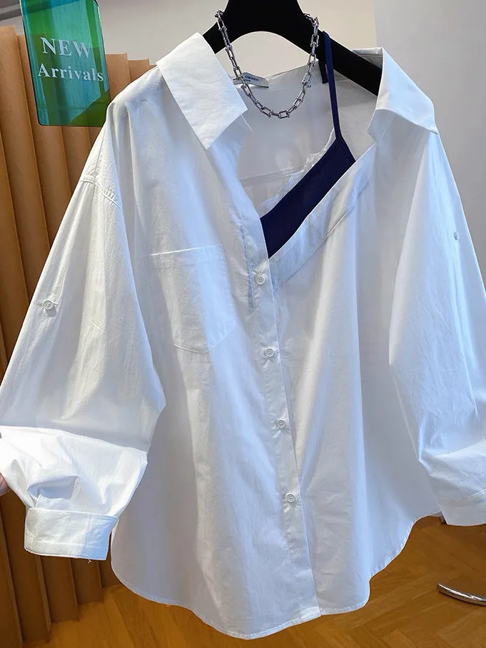 

plus Size Women's White Shirt Baring Collarbone Casual Long Sleeve Spring Summer High Fashion Loose Fit Korean Style plus Size