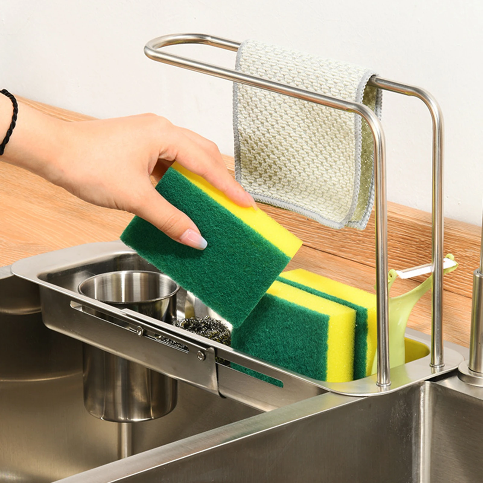 Kitchen Telescopic Storage Rack Sink Organizer Rack Telescopic Faucet Organizer Towel Sponge Storage Adjustable Storage Rack