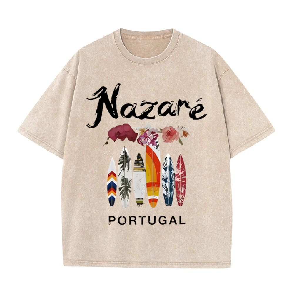 2026 Vintage Washed T Shirt Men Nazar Portugal Surfboard Graphic Tees Casual Loose Streetwear Crew Neck Short Sleeve Tops For M