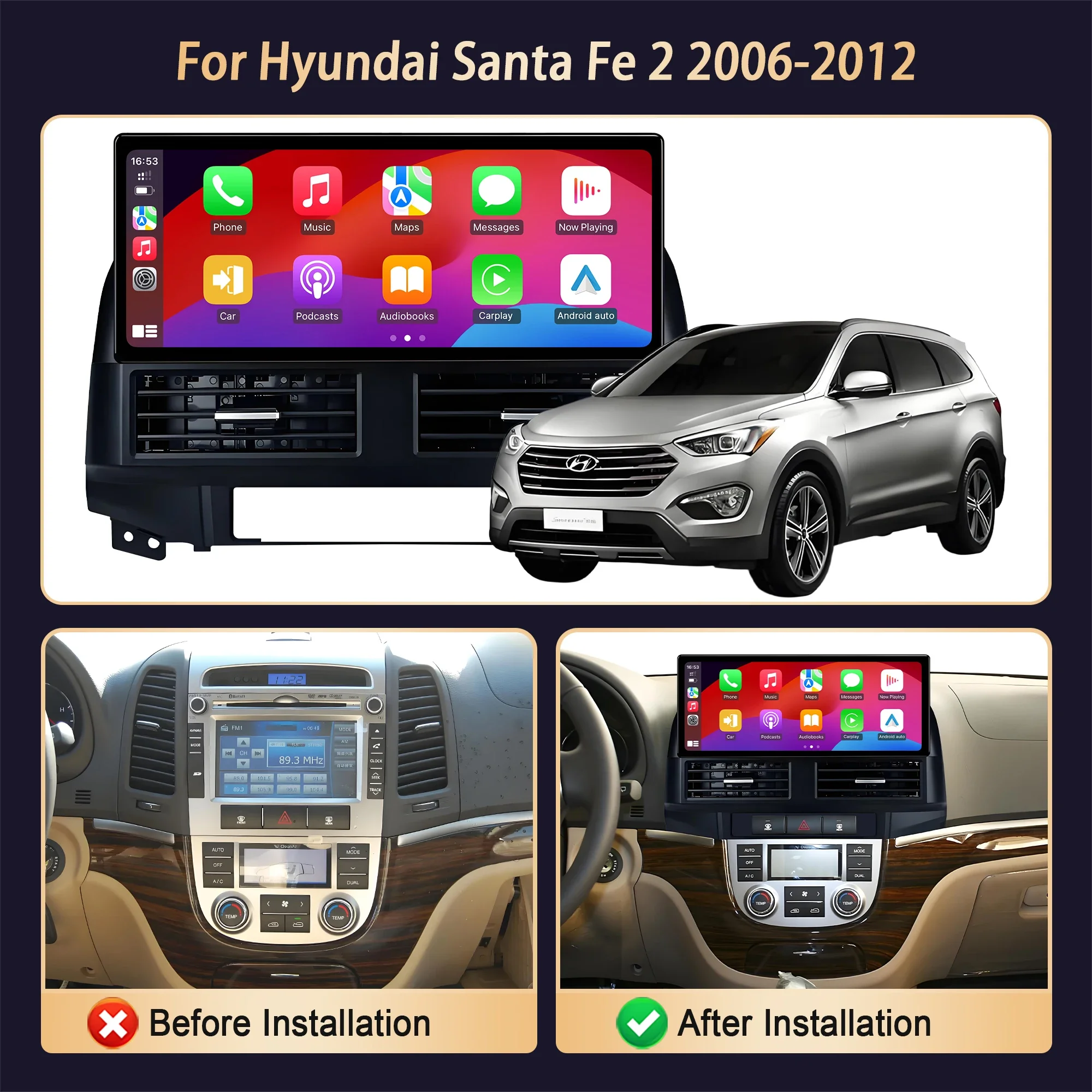 12.3 inch For Hyundai Santa Fe 2 2006-2012 4G GPS 5G WIFI  Car Radio Android 14 Wireless BT Carplay Multimedia Head Unit Screen