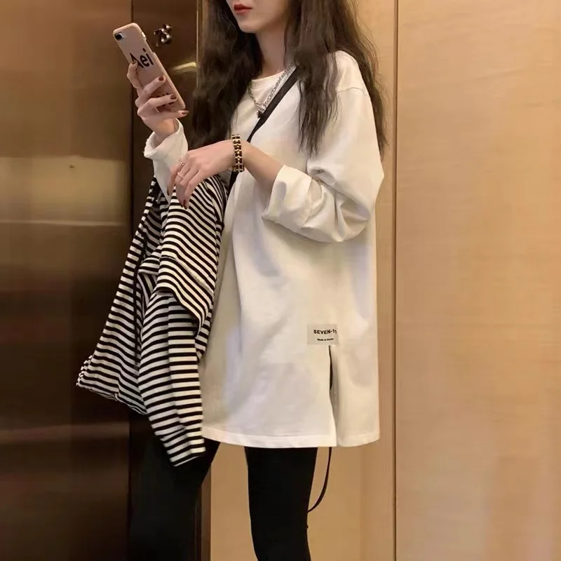 White Cotton Long Sleeve Loose Fit Base Layer Shirt Women's Spring Autumn Korean Style New Version Mid-Length T-Shirt