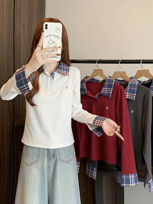 

plus Size Casual Spring Fashion American Splice Neck Fat MM Meat Conceal Slimming Fake Two-Piece Long Sleeve Top