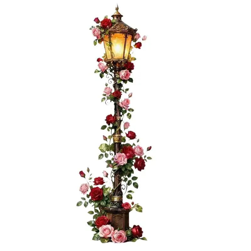 Vintage Street Lamp Rose Wall Decal No Residue Removable Realistic Floral Decor for Bedroom Nursery Home Wall