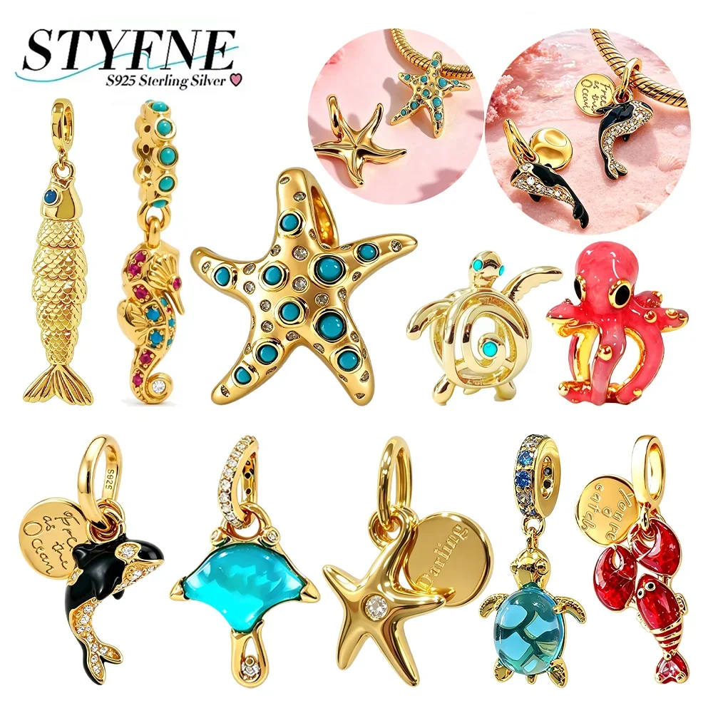 Golden Ocean Charms 925 Silver Plated Starfish Turtle Octopus Bead Fit Bracelet Dangle Killer Whale Crayfish Pendant DIY Jewelry