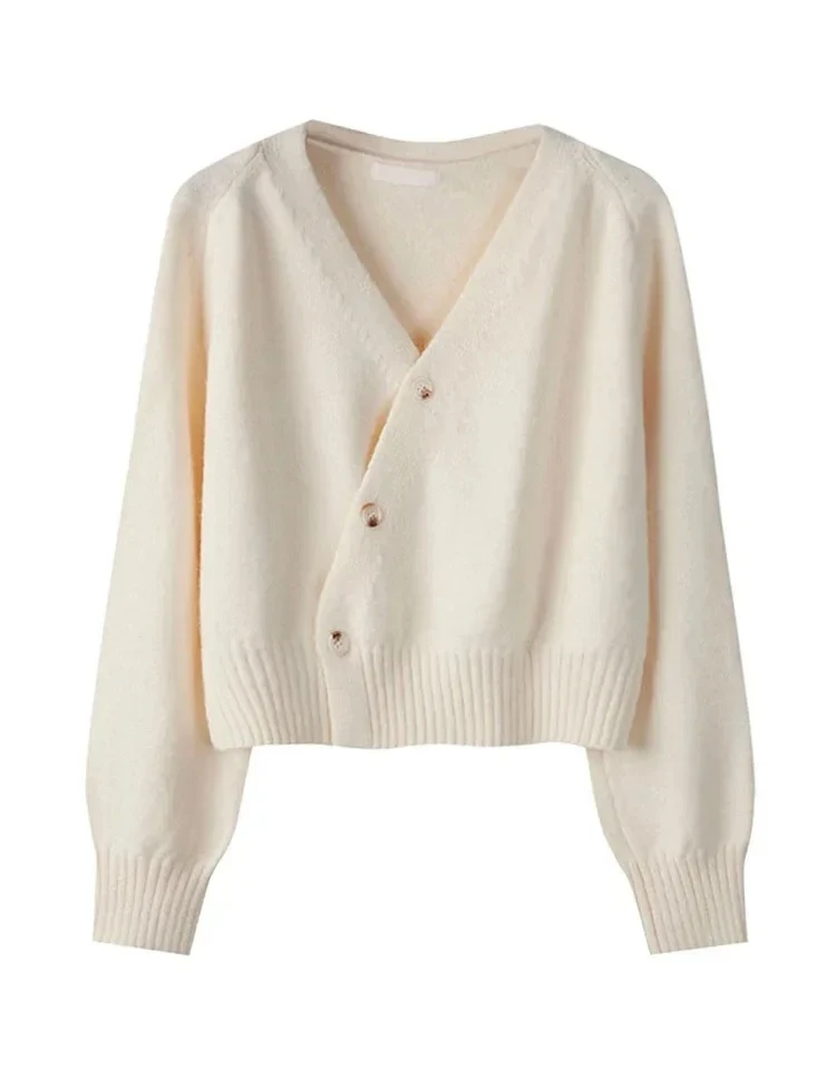 Autumn Winter Skew Button Cardigan V-neck Sweater Women Knitted Long Sleeve Tops Korean Loose Solid Cashmere Woman Sweater