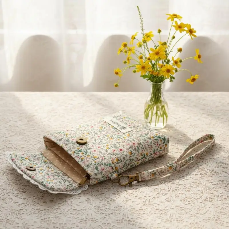Cute Lace Edge Floral Print Mini Wristlet Bag Flap Phone Purse Detachable Strap Suitable for Teen Girls Date Use