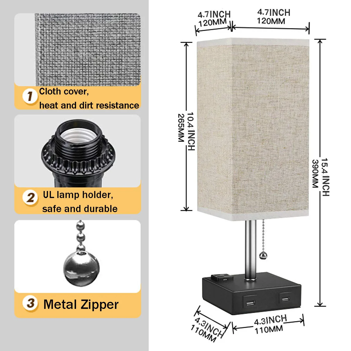 Multifunctional Bedside Lamp, Table Desk Lamp with Dual USB Ports Outlets, Fabric Shade