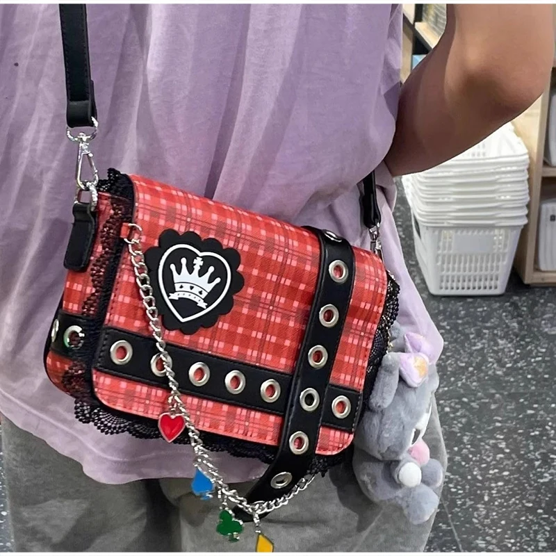 Sweet Anime Style Plaid Sling Bag Lace Edge Chain Ornament Crossbody Purse Fashion Shoulder Bag For Street Daily Outfit Matching