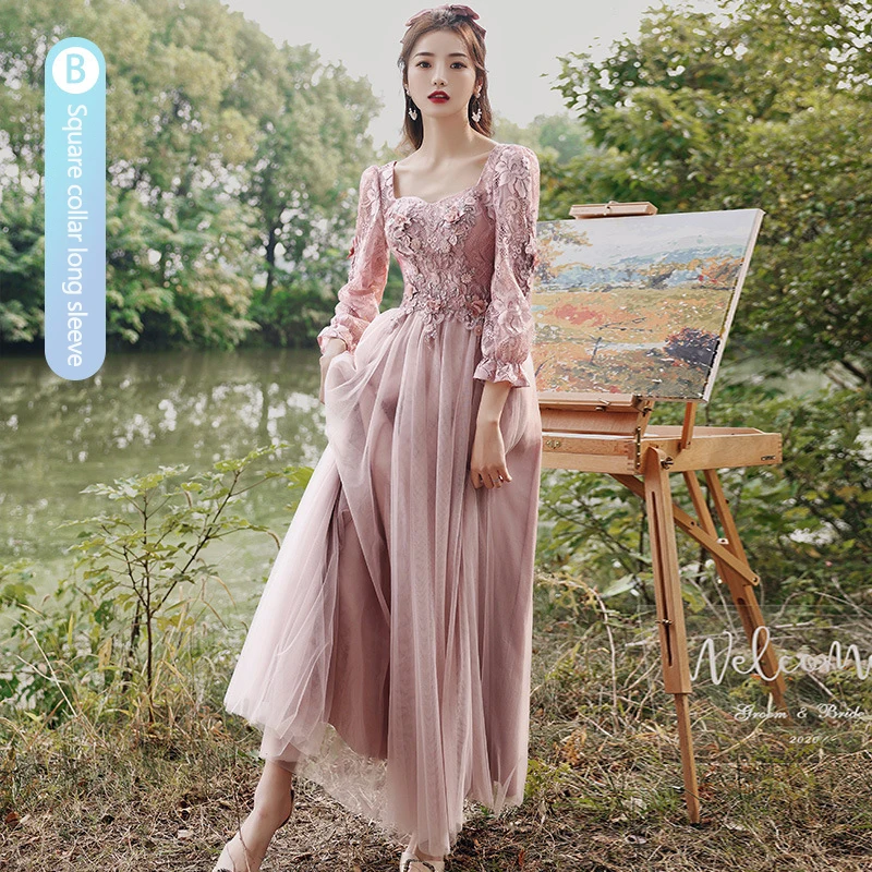 Pink Bridesmaid Dress Floor-length 2023 New Autumn Winter Long Sleeve Sisters Group Dresses Tulle Lace-up Backless Evening Gown