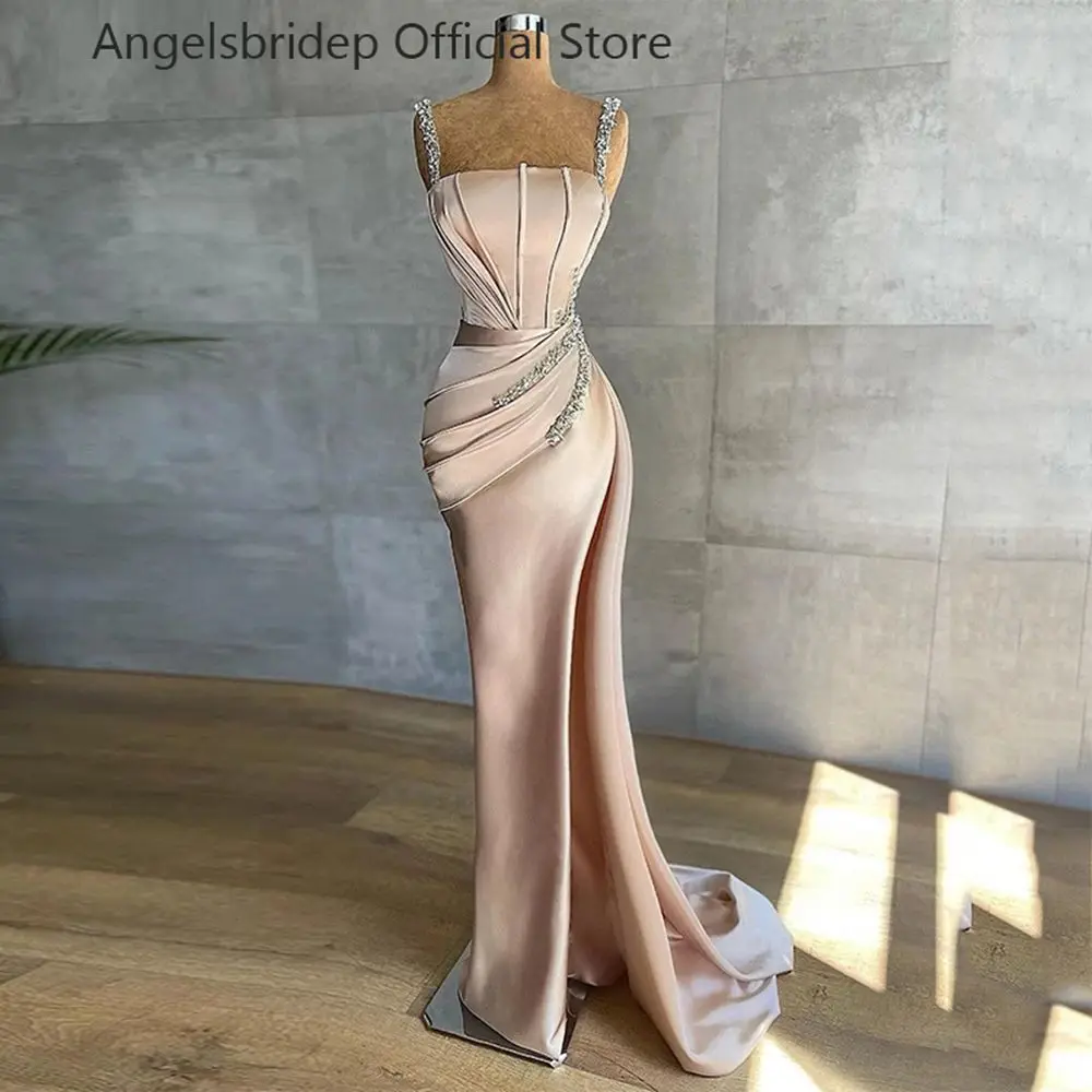 

Angelsbridep Saudi Arabic Mermaid Satin Prom Dresses Beaded Spaghetti Strap Women Formal Party Gows Pleats Slit Evening Gowns