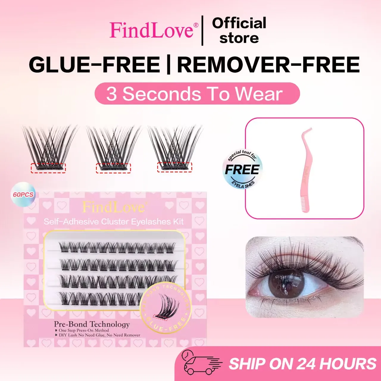 [No Glue Need] FindLove 60Pcs Glue Free Eyelashes C Curl 10-16mm Reusable False Eyelash Extension Set With Tweezer Natural Lash