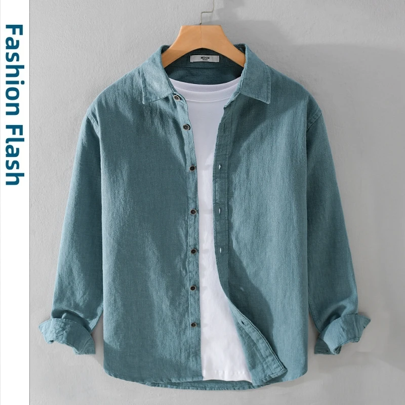 % 30% Pamuk ve %70 Keten Uzun Kollu Gömlek Erkekler Için Rahat Vintage Gömlek Erkekler Katı Giyim Basit Sokak Şıklığı İlkbahar Yaz