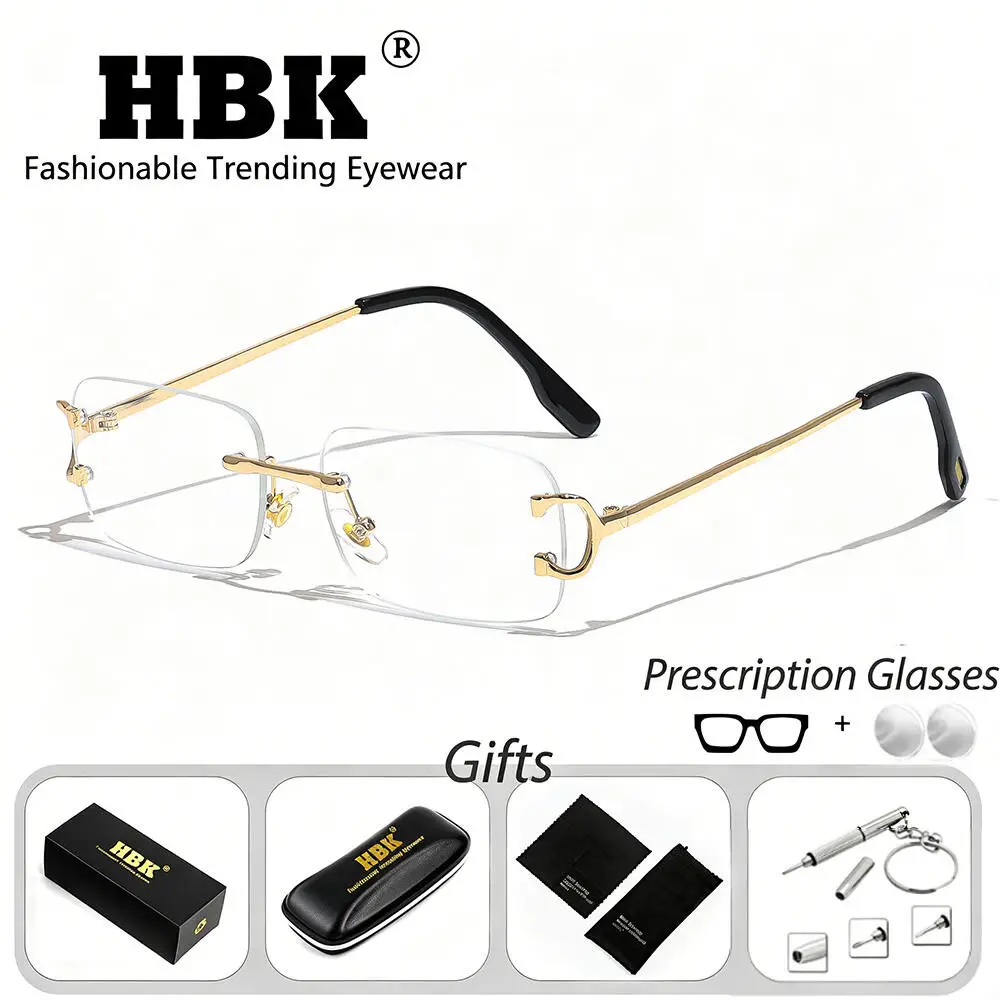 HBK Retro Men Prescription Glasses 1.61 Refractive Index Rimless Rectangle Lens Optical Glasses Anti Blue Light Reading Glasses