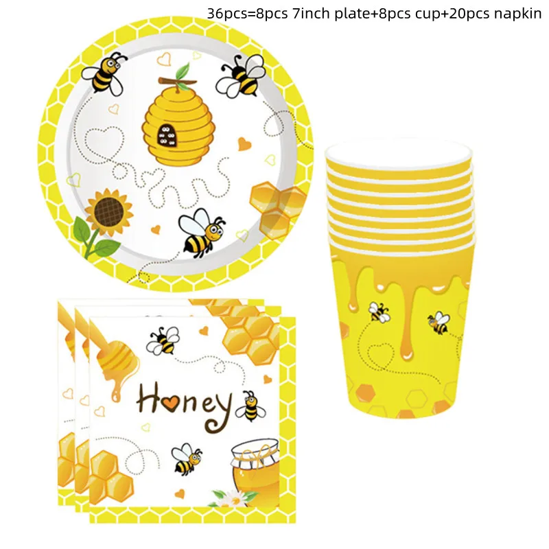 Honigbiene Kindergeburtstag Partydekorationen Einweggeschirr Set Tischdecke Pappteller Tasse Ballon Babyparty DIY Supplis – Detail 5
