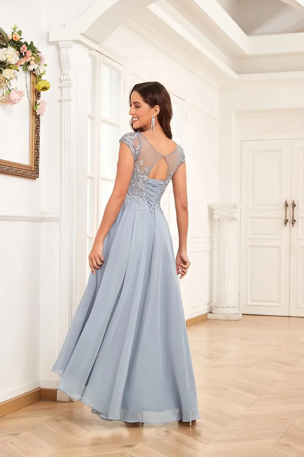 Elegante vestido de chiffon linha A com bolsos, manga, comprimento chá, vestido formal, renda, apliques, mãe da noiva, casamento