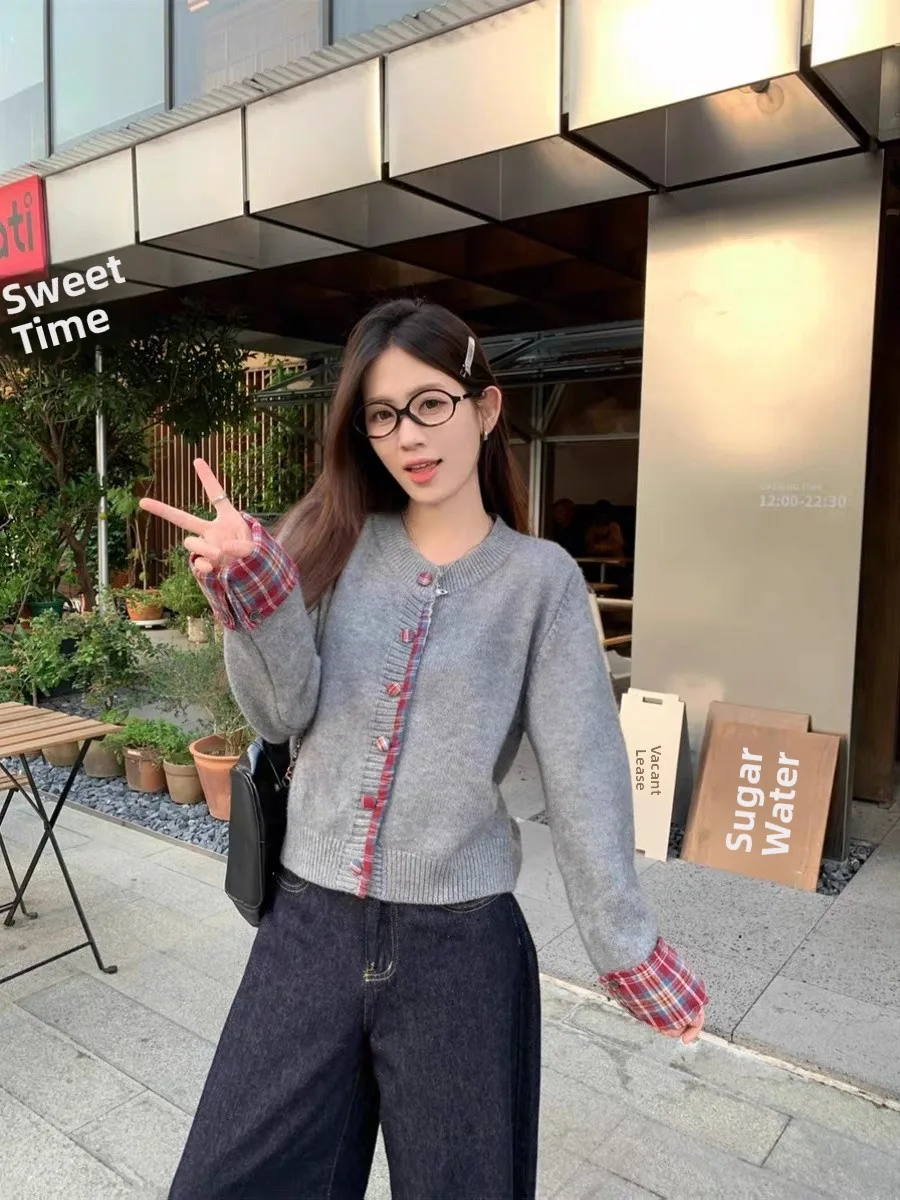플레이드 라운드 네이 니트 스웨터 여성용 가을 겨울 빈티지 페이크 투피스 니트웨어 아우터웨어 한국 스타일 루즈핏