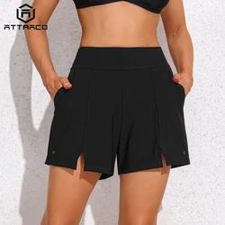 Attraco Women Swim Shorts with Pocket High Waist Irregular Hem Tummy Control Solid Built-in Boxer Briefs Swimming Tankini Bottom