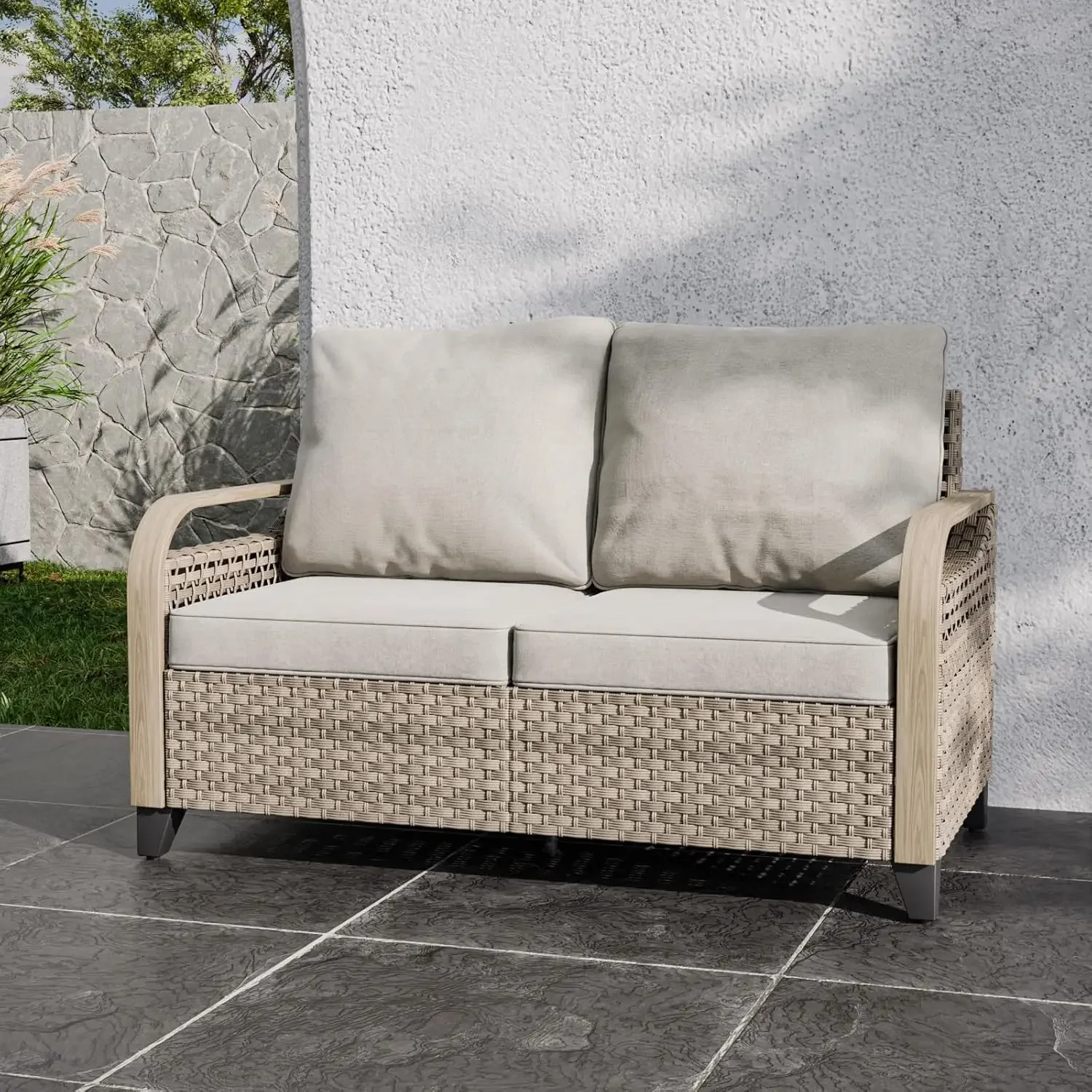 

Wicker Outdoor Furniture Sofa w/Cushions, Small Balcony Outdoor Loveseat 2 Seat Couch for Backyard Deck Porch, Brown/Gray