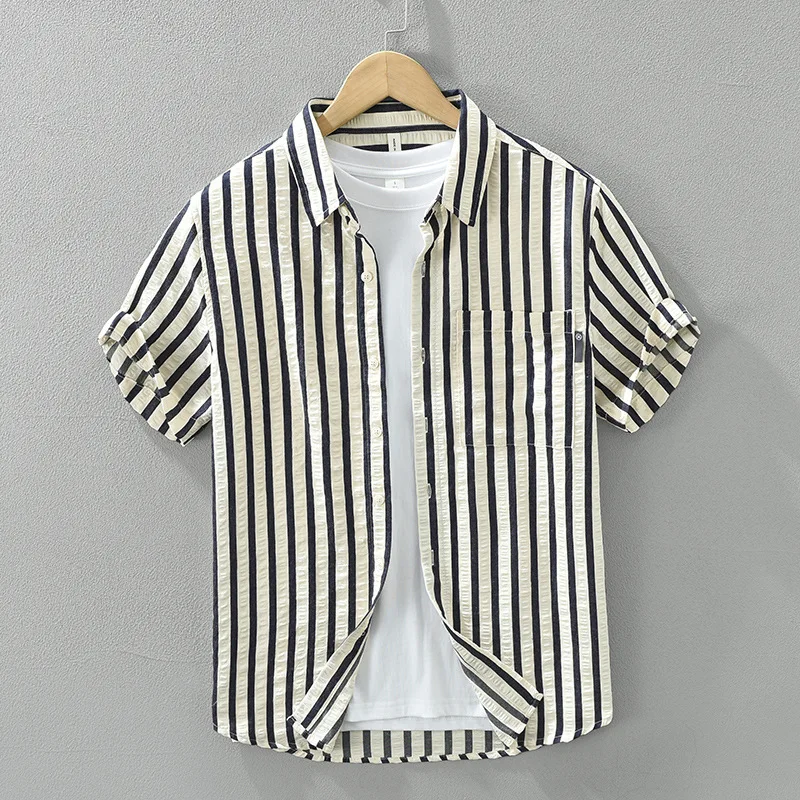 Japanese fresh striped short-sleeved shirt for men in summer, all-match casual and artistic loose tops