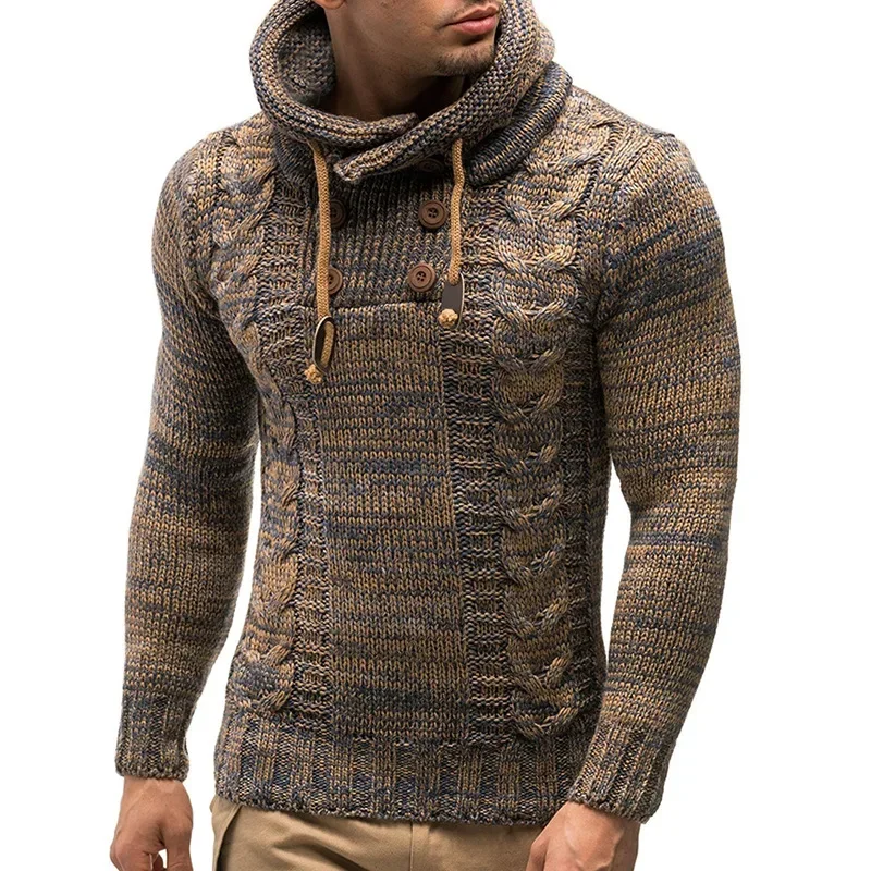 2023 European and American Men\'s Knitted Outerwear Autumn and Winter Oversized High Neck Hooded Sweater