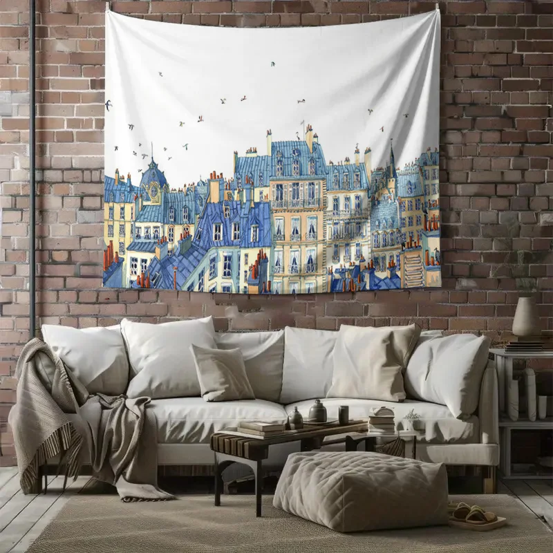 Paris Cityscape Blue Roof Buildings Birds Sky Wall Tapestry Machine Washable All Season Print European Style Urban Design Home