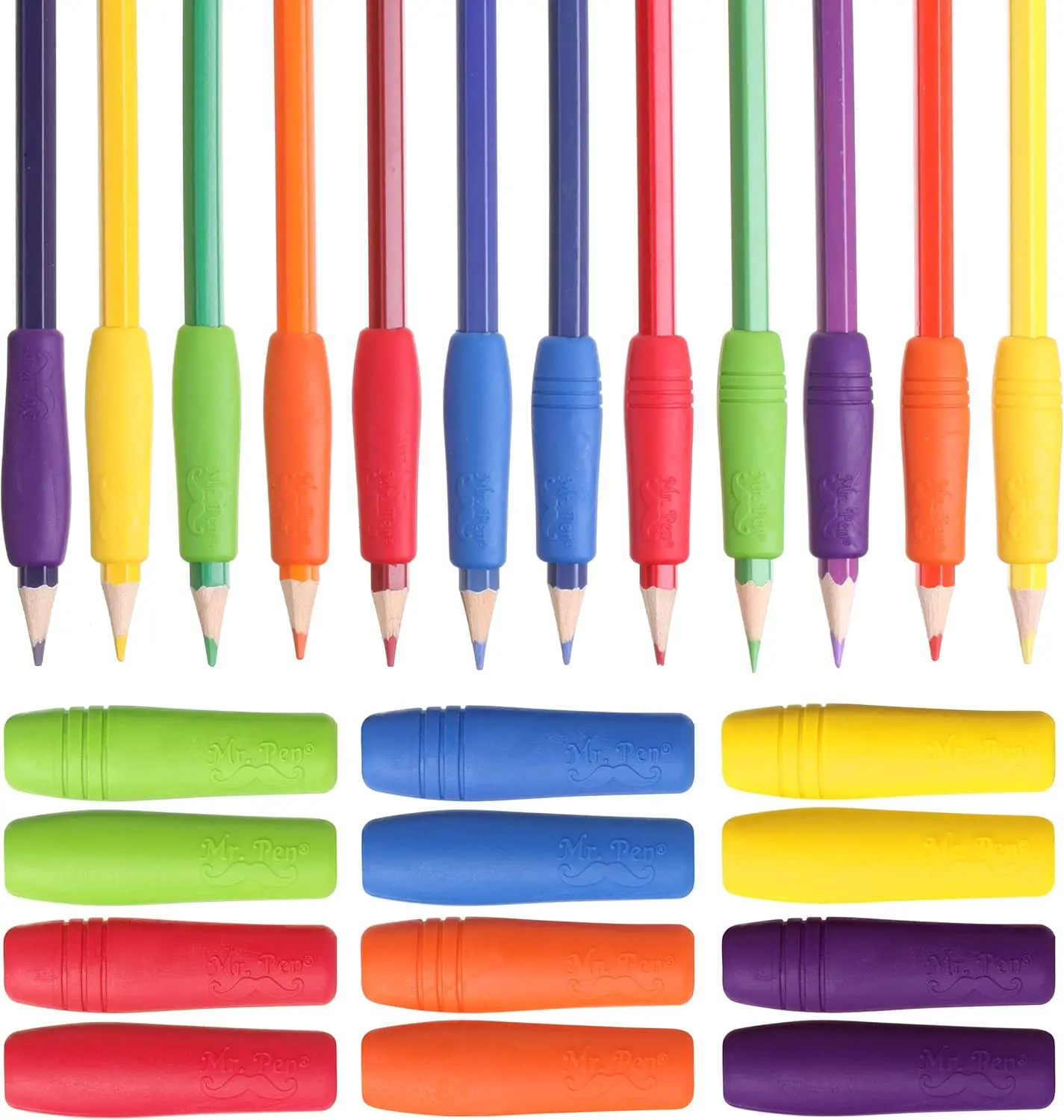 

12 Pack Ergonomic Pencil Grips, Soft Rubber Pen Grippers for Adults & Kids, Reduce Hand Fatigue, Colorful Writing Aid for Left & Right Handed