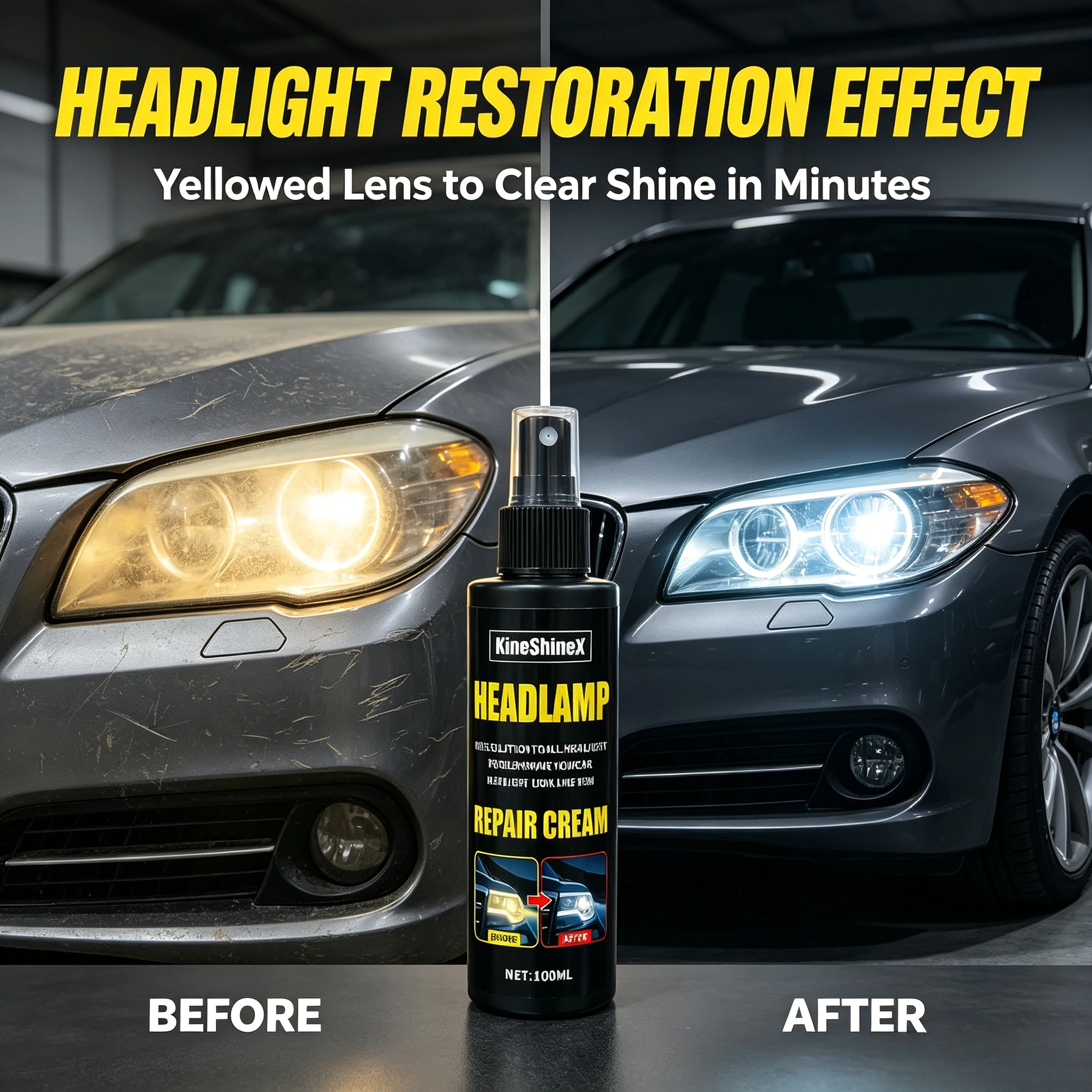 KineShineX Headlamp Repair Cream 100ml Car Headlight Restoration Liquid Remove Yellow Oxidation UV Haze Minor Scratch Auto Head Light Polish Refinish Agent For Car Truck Motorcycle